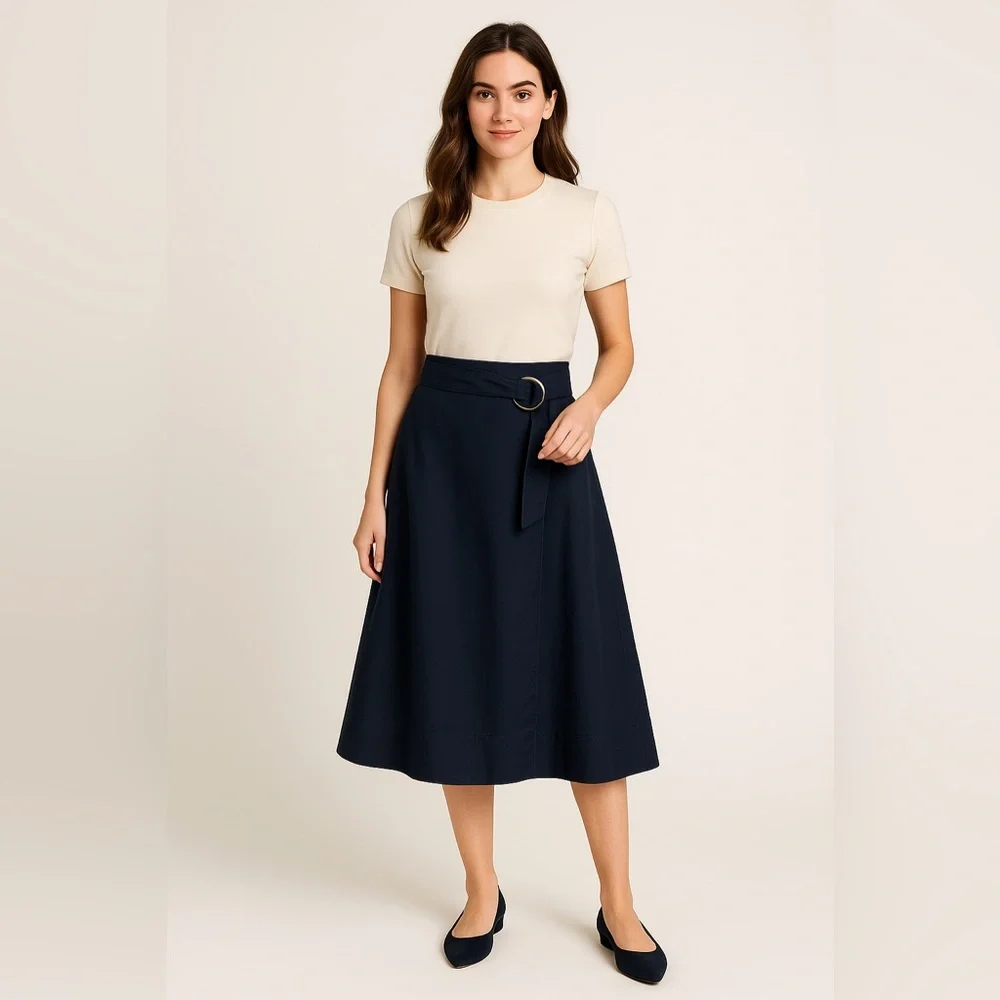 Club Monaco Navy Blue Belted A Line Midi Skirt Sz 00 NWT
